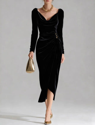 Ruched Velvet Midi Dress – Black