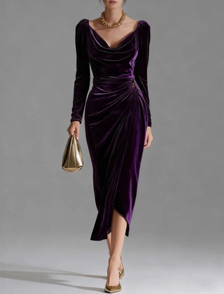 Ruched Velvet Midi Dress – Purple