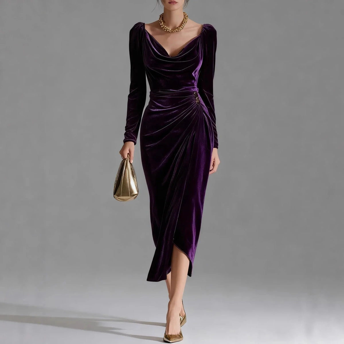 Ruched Velvet Midi Dress – Purple
