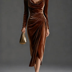 Ruched Velvet Midi Dress – Brown
