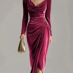 Ruched Velvet Midi Dress – Burgundy