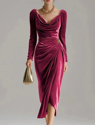Ruched Velvet Midi Dress – Burgundy