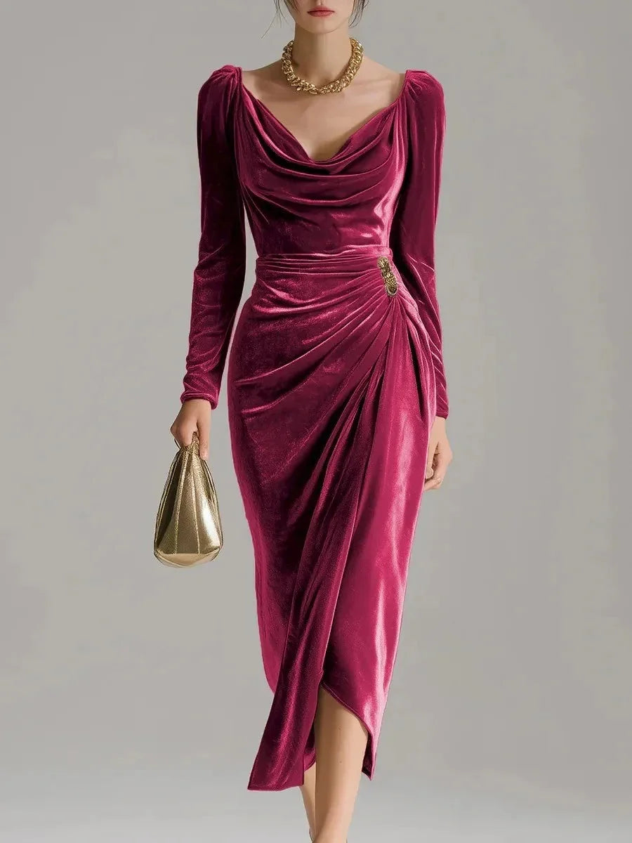 Ruched Velvet Midi Dress – Burgundy