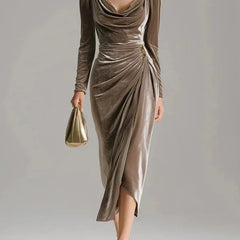 Ruched Velvet Midi Dress – Khaki