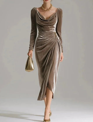 Ruched Velvet Midi Dress – Khaki
