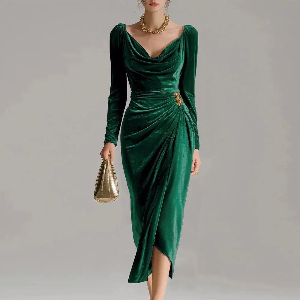 Ruched Velvet Midi Dress – Green