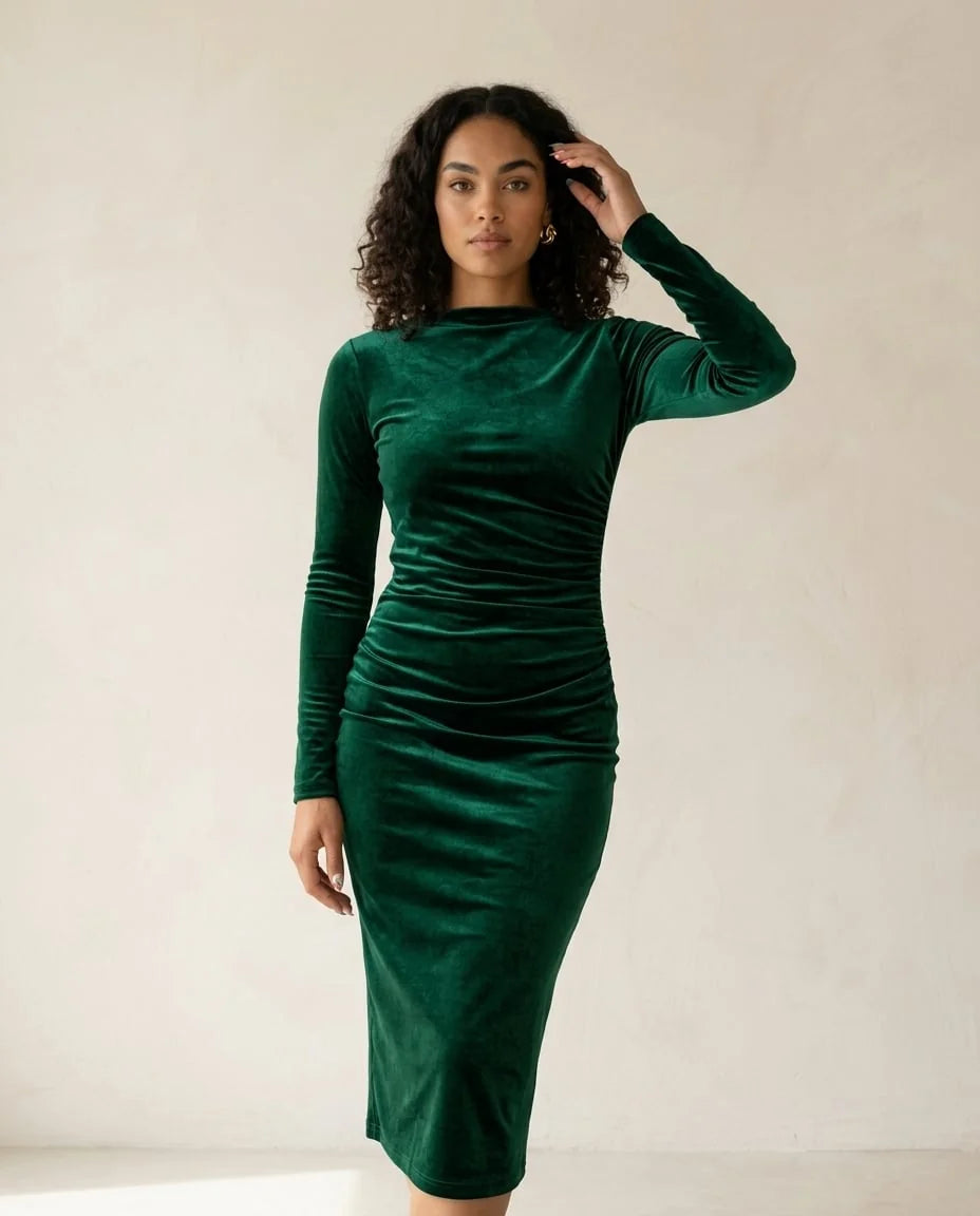 Ruched Velvet Midi Dress