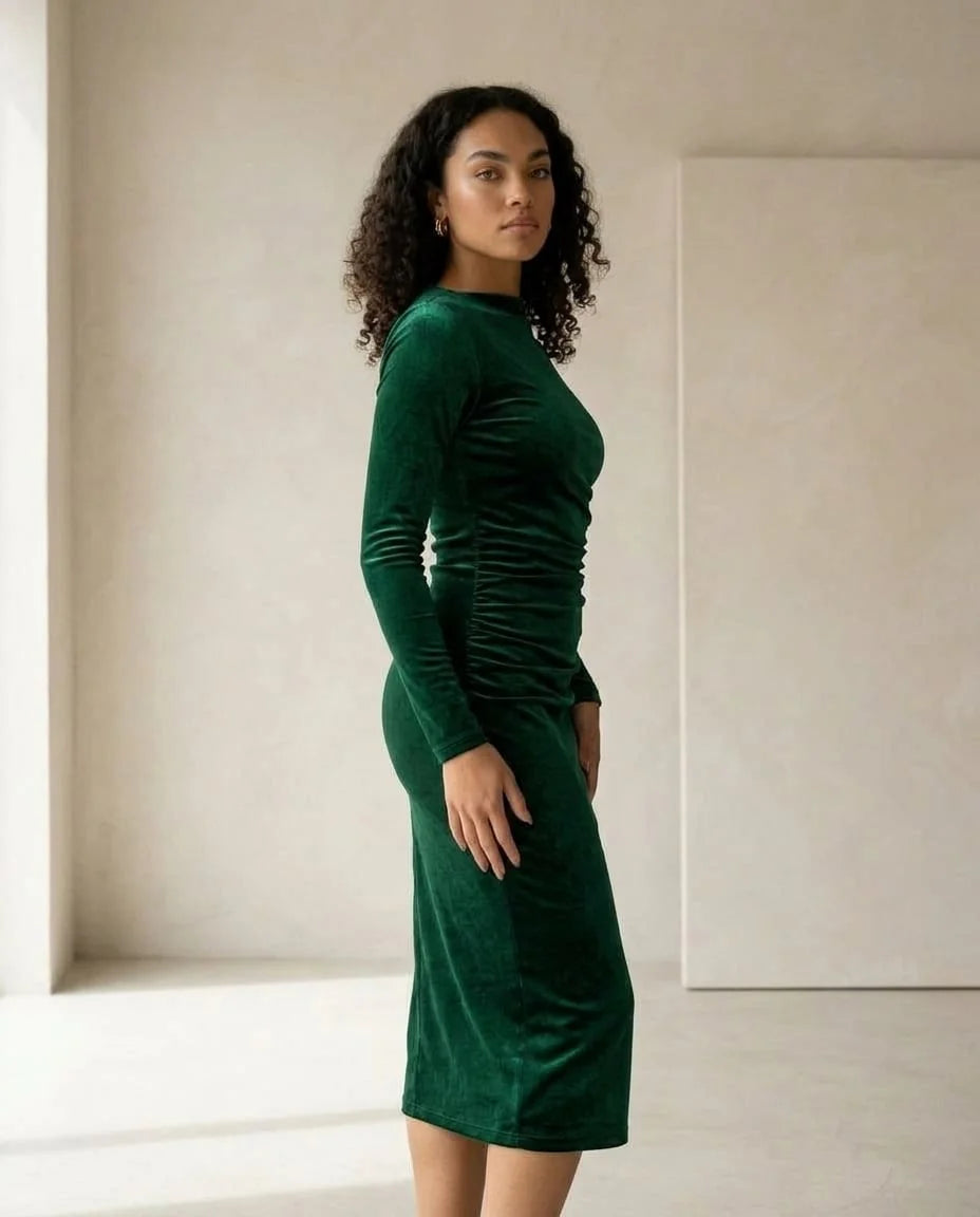 Ruched Velvet Midi Dress