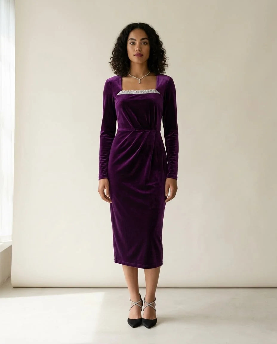 Embellished Velvet Midi Dress