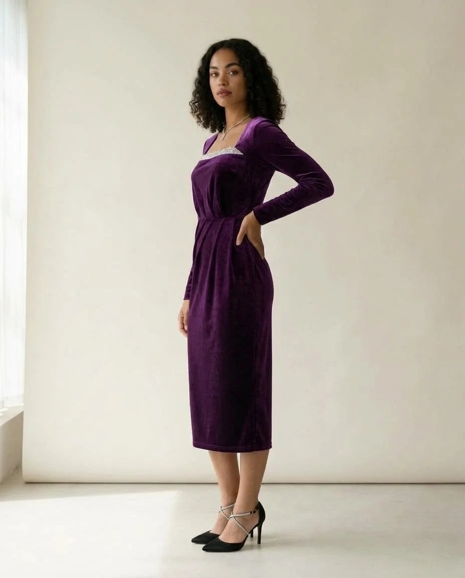 Embellished Velvet Midi Dress