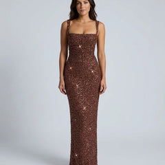 Sequin Square Neck Maxi Dress – Brown