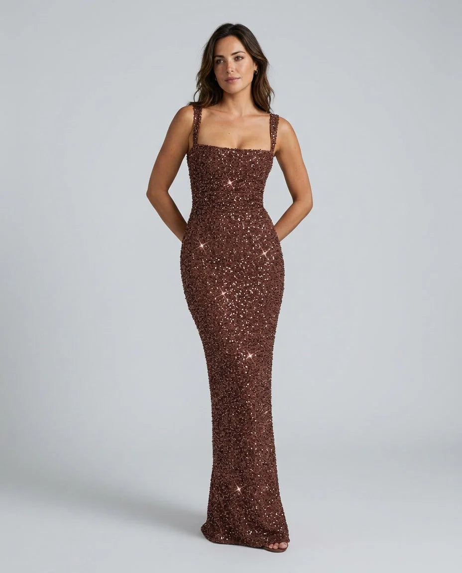 Sequin Square Neck Maxi Dress