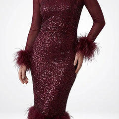 Feather Trim Sequin Midi Dress – Burgundy