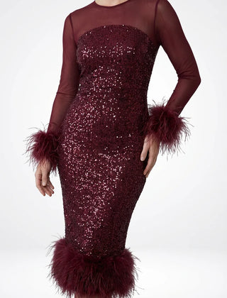 Feather Trim Sequin Midi Dress – Burgundy
