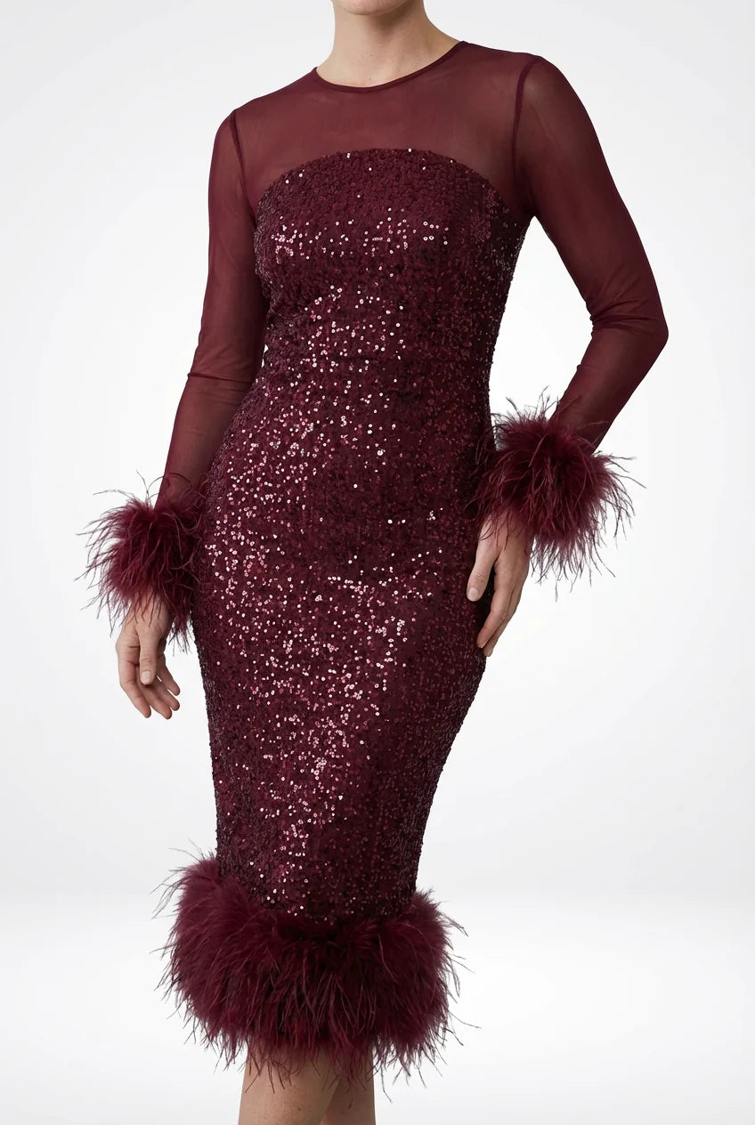 Feather Trim Sequin Midi Dress – Burgundy