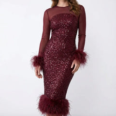 Feather Trim Sequin Midi Dress