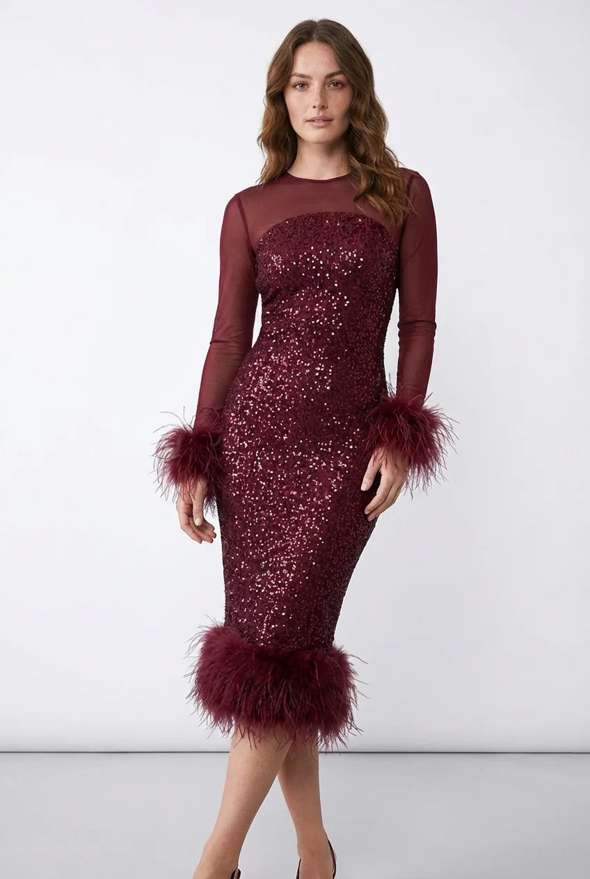 Feather Trim Sequin Midi Dress