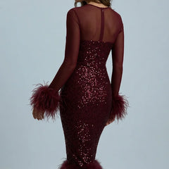 Feather Trim Sequin Midi Dress