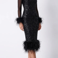 Feather Trim Sequin Midi Dress – Black