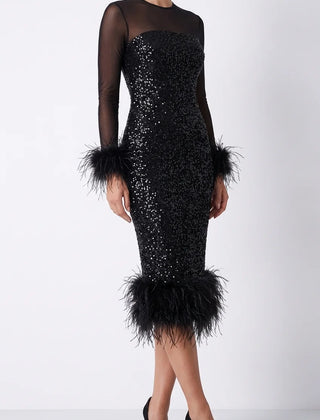 Feather Trim Sequin Midi Dress – Black