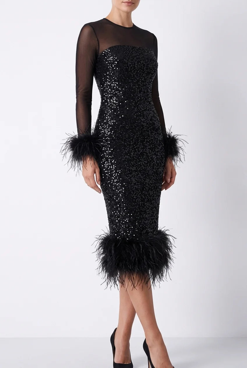 Feather Trim Sequin Midi Dress – Black