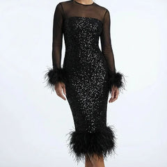 Feather Trim Sequin Midi Dress