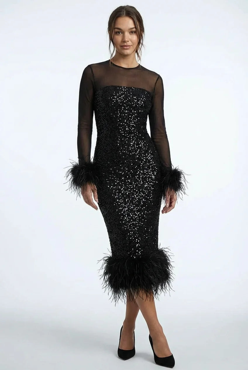 Feather Trim Sequin Midi Dress