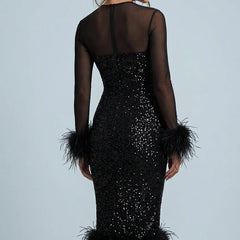 Feather Trim Sequin Midi Dress