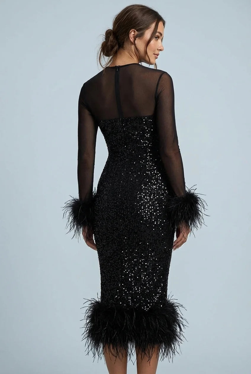 Feather Trim Sequin Midi Dress