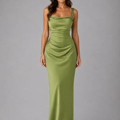 Ruched Square Neck Maxi Dress – Green