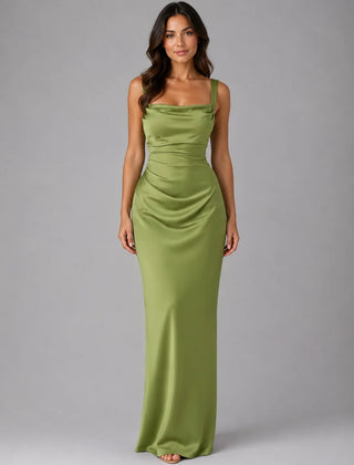 Ruched Square Neck Maxi Dress – Green