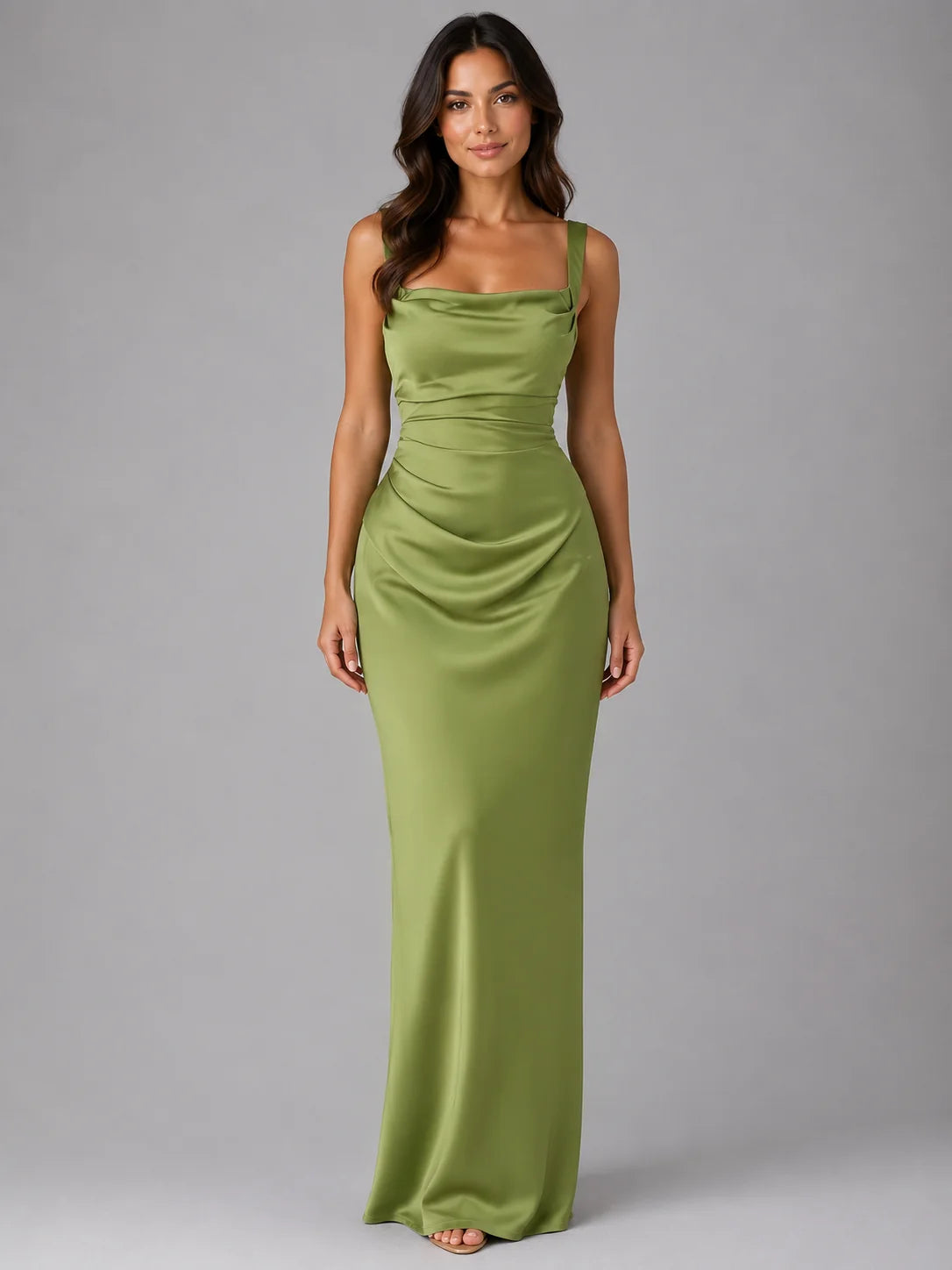 Ruched Square Neck Maxi Dress – Green