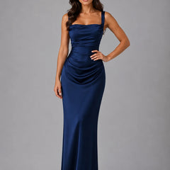 Ruched Square Neck Maxi Dress – Navy