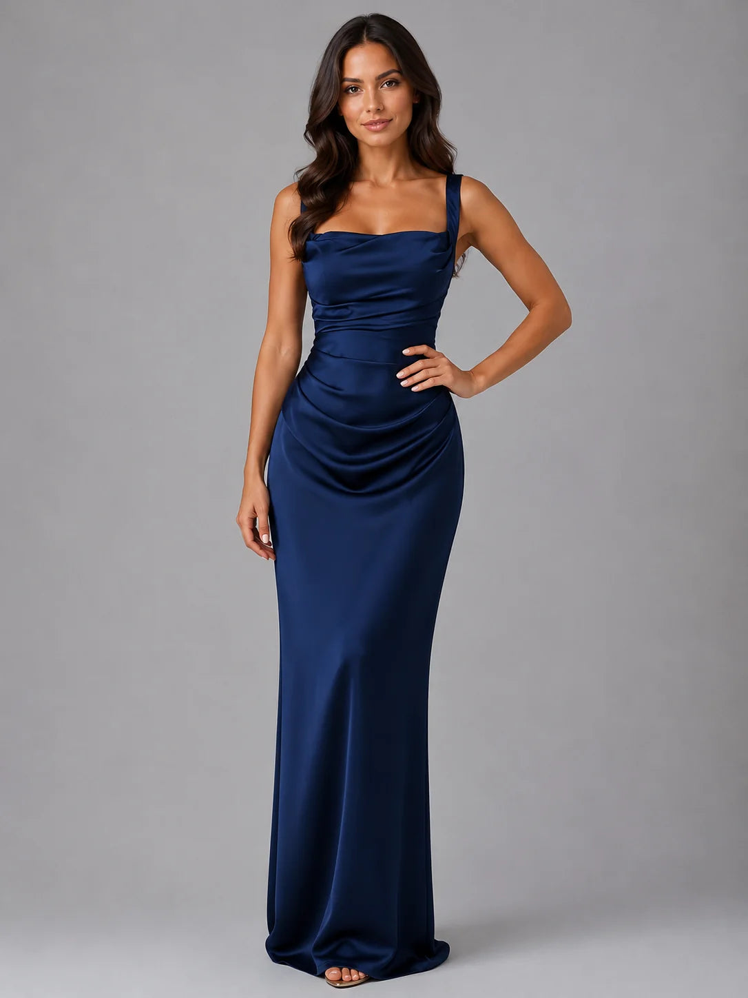 Ruched Square Neck Maxi Dress – Navy