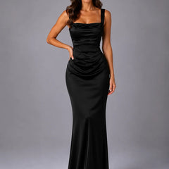 Ruched Square Neck Maxi Dress – Black