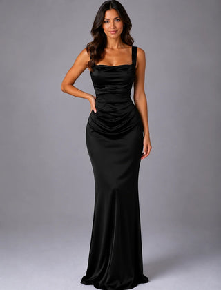 Ruched Square Neck Maxi Dress – Black