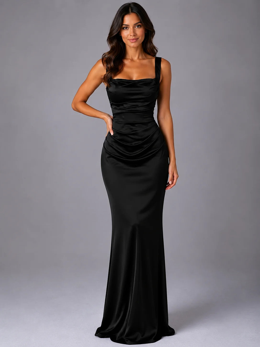 Ruched Square Neck Maxi Dress – Black