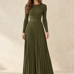 Pleated Knit Maxi Dress – Military Green