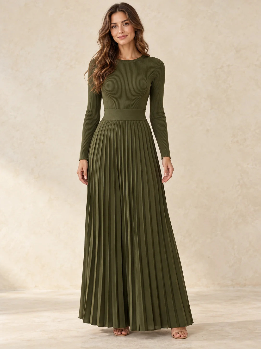 Pleated Knit Maxi Dress – Military Green
