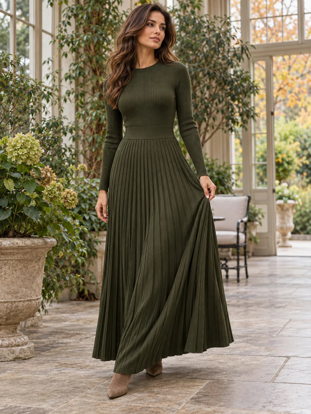 Pleated Knit Maxi Dress