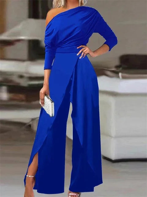 Off Shoulder Wide Leg Jumpsuit – Blue