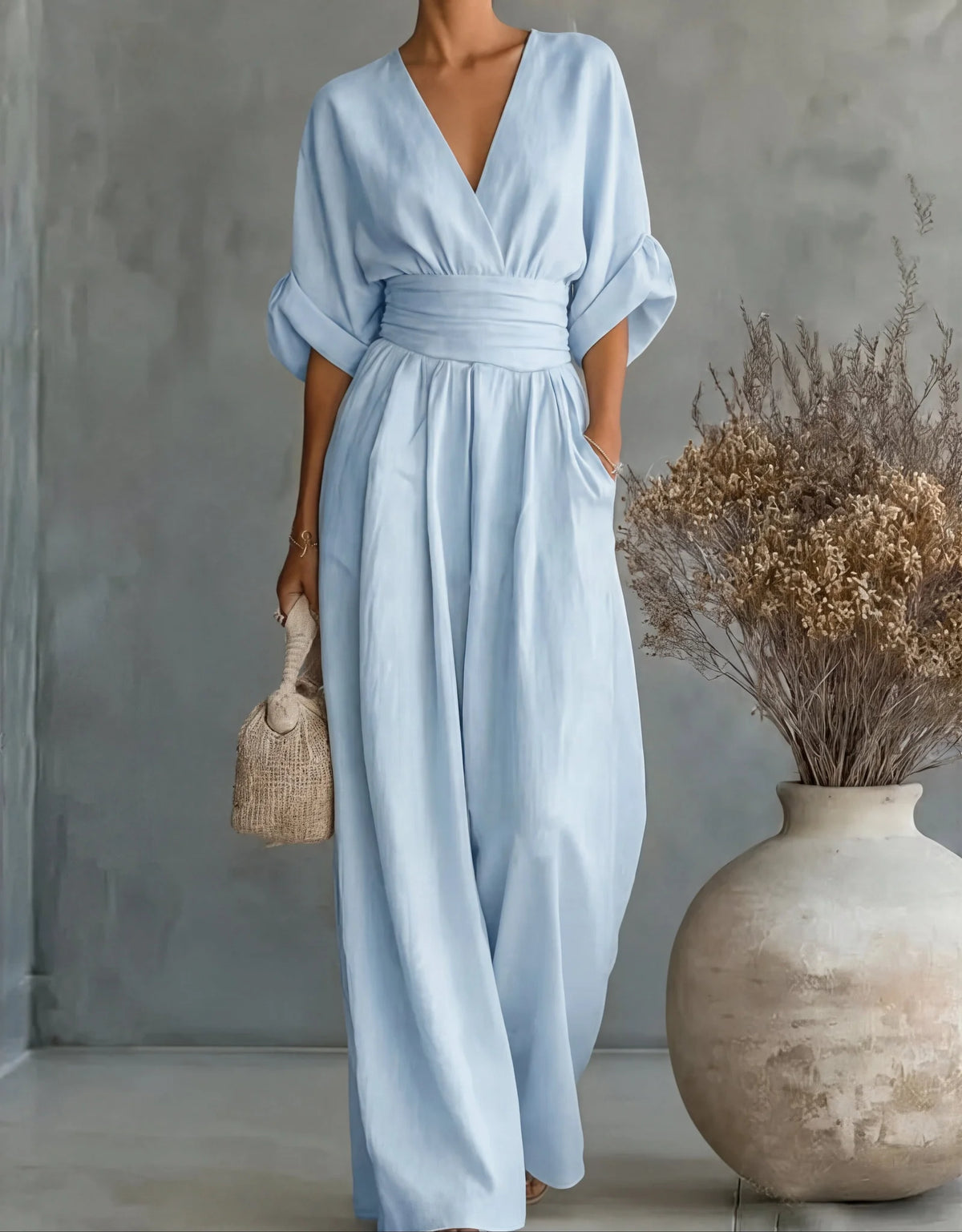 Wide-Leg Wrap Jumpsuit – Sky Blue