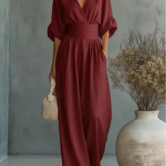 Wide-Leg Wrap Jumpsuit – Burgundy