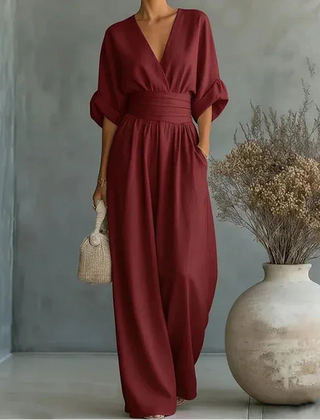 Wide-Leg Wrap Jumpsuit – Burgundy