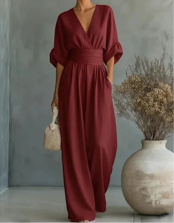 Wide-Leg Wrap Jumpsuit – Burgundy