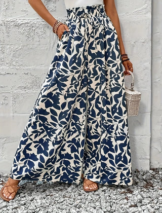 Printed Wide-Leg Trousers – Blue