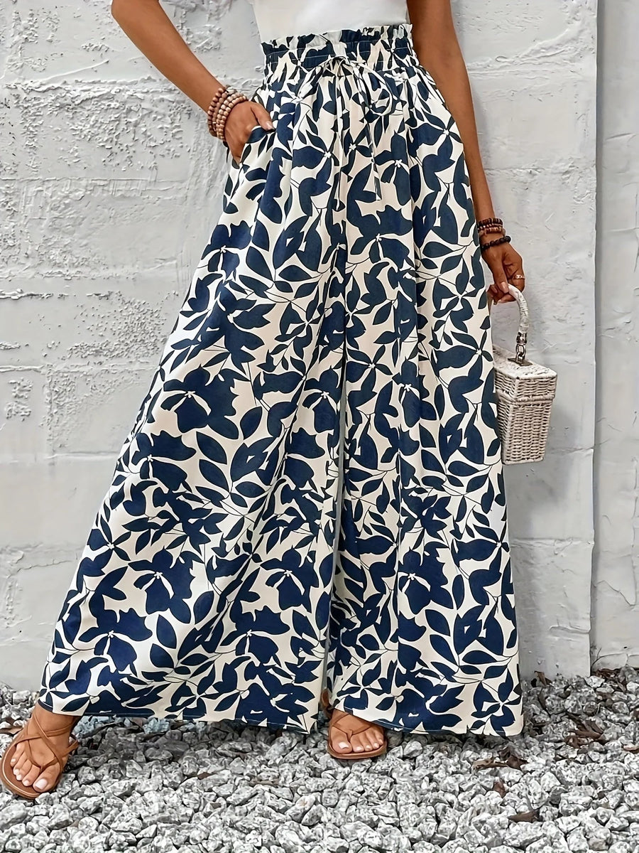 Printed Wide-Leg Trousers – Blue