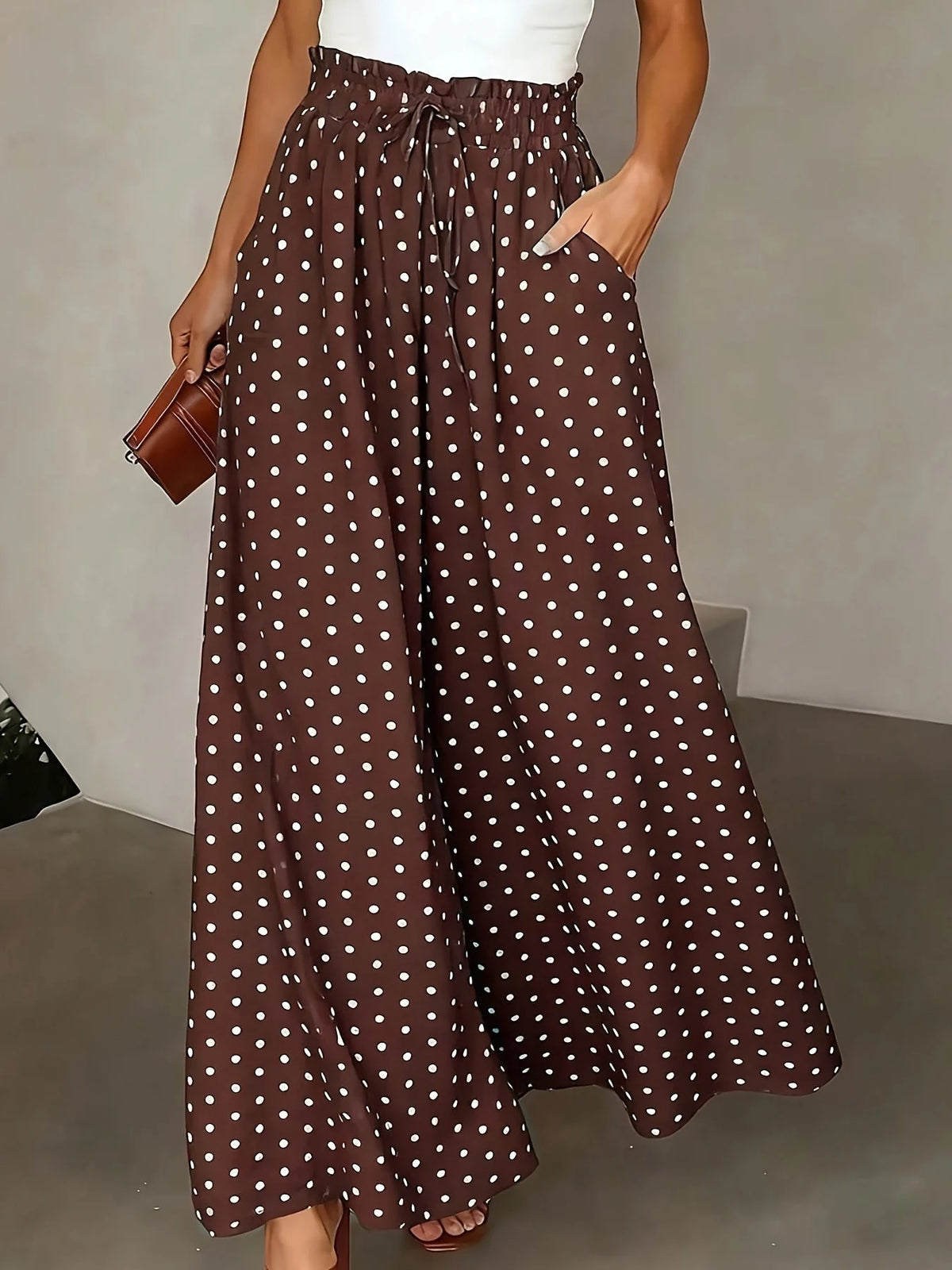Printed Wide-Leg Trousers – Coffee Brown