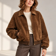 Suede-Effect Bomber Jacket – Brown