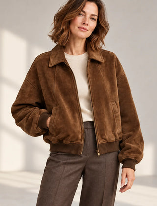 Suede-Effect Bomber Jacket – Brown